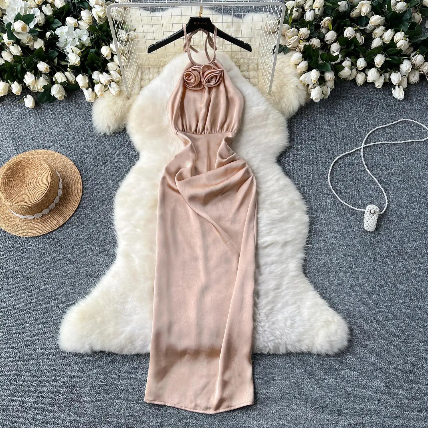 New Summer Women Khaki Sexy Backless Evening Party Halter Lace-up Dress Retro Elegant Sleeveless Slim Prom Pleated Dress Fashion