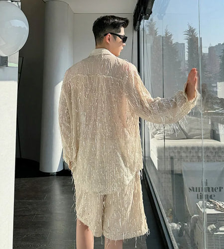 Casual Shorts Men's Korean Style Trend Sequin Tassel Solid Color Fashion Elastic Waist Male Pants Summer 9C5317