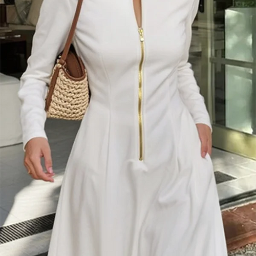 Load image into Gallery viewer, Female Autumn Elegant Ziper Long Sleeve Maxi Dresses 2025 Spring Trendy Slim Waist Woman A-line White Dress Clothes
