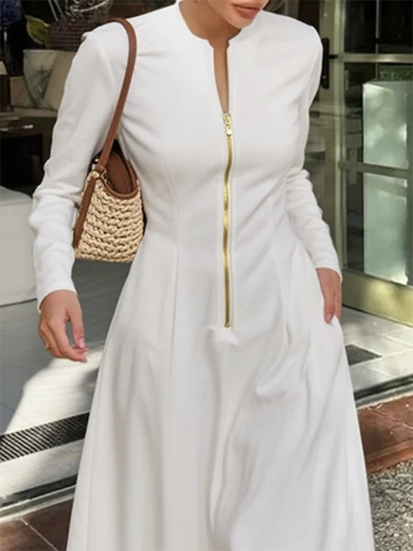 Female Autumn Elegant Ziper Long Sleeve Maxi Dresses 2025 Spring Trendy Slim Waist Woman A-line White Dress Clothes