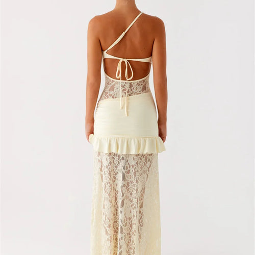 Load image into Gallery viewer, One Shoulder Backless Sexy Maxi Dress Women Lace Patchwork Fashion Sleeveless Lace-up Draped Ruffle Club Long Dress
