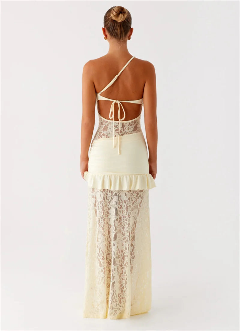 One Shoulder Backless Sexy Maxi Dress Women Lace Patchwork Fashion Sleeveless Lace-up Draped Ruffle Club Long Dress