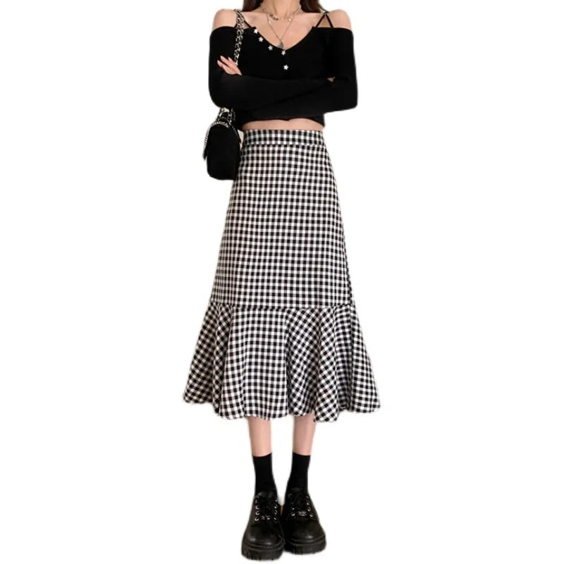 2023 New Spring Summer Women Skirt High Quality Black White Plaid Mermaid Skirt Elastic High Waist Slim Versatile Midi Skirts