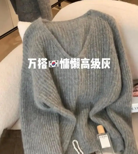 Korean Fashion Women's Gray Round Neck Versatile Cotton Sweater Autumn V Neck Long Sleeves Vacation Pullovers Tops Casual Simple
