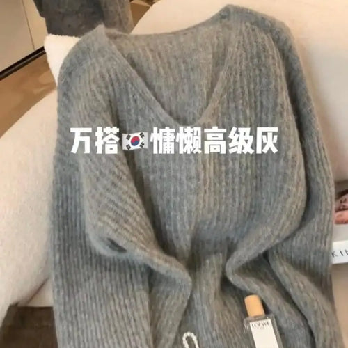 Load image into Gallery viewer, Korean Fashion Women's Gray Round Neck Versatile Cotton Sweater Autumn V Neck Long Sleeves Vacation Pullovers Tops Casual Simple
