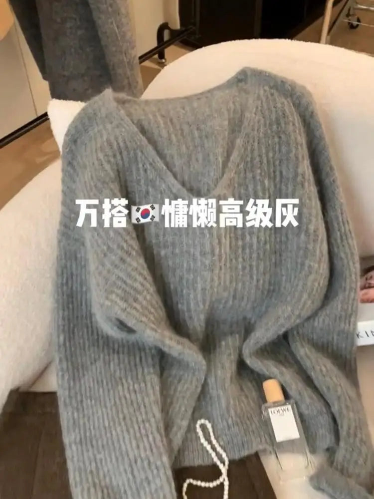 Korean Fashion Women's Gray Round Neck Versatile Cotton Sweater Autumn V Neck Long Sleeves Vacation Pullovers Tops Casual Simple