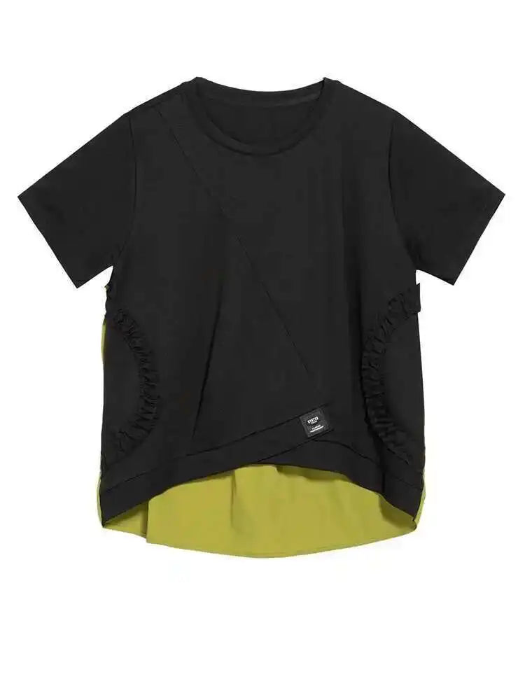 Women Green Back Long  Ruffles Big Size Casual T-shirt New Round Neck Short Sleeve Fashion Tide Spring Summer 2025 1DH5950