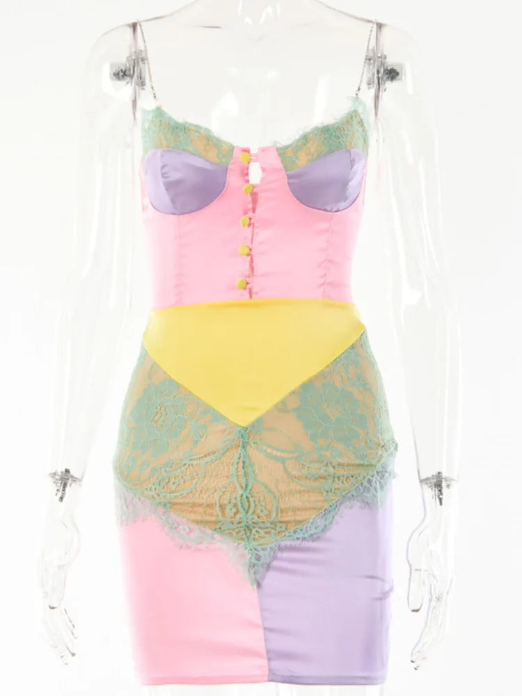 Diamond Strap Elegant Lace Patchwork Party Dresses Women Sexy Buttons Backless Mini Bodycon Dress Clubwear Vestidos 2021