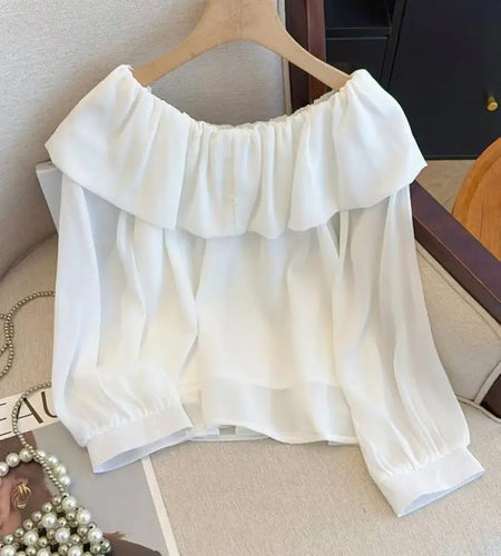 Spring Women White Off Shoulder Long Sleeve Blouse Retro French Blue Elegant Ruffle Edge Holiday Shirt Loose Short Top Versatile