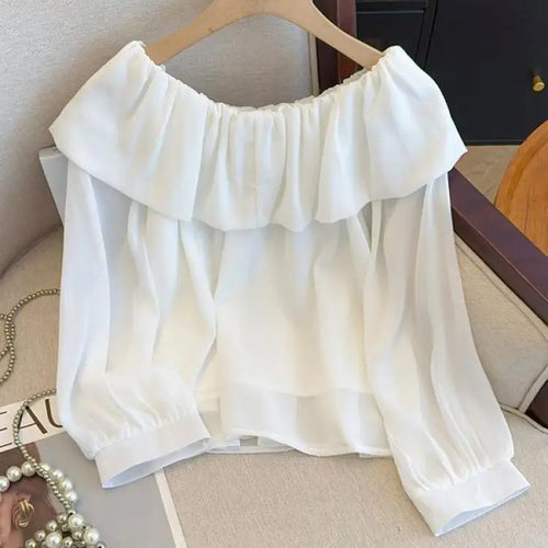 Load image into Gallery viewer, Spring Women White Off Shoulder Long Sleeve Blouse Retro French Blue Elegant Ruffle Edge Holiday Shirt Loose Short Top Versatile
