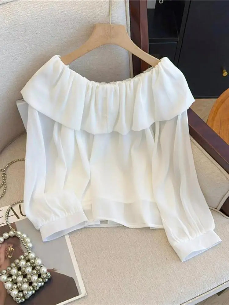 Spring Women White Off Shoulder Long Sleeve Blouse Retro French Blue Elegant Ruffle Edge Holiday Shirt Loose Short Top Versatile