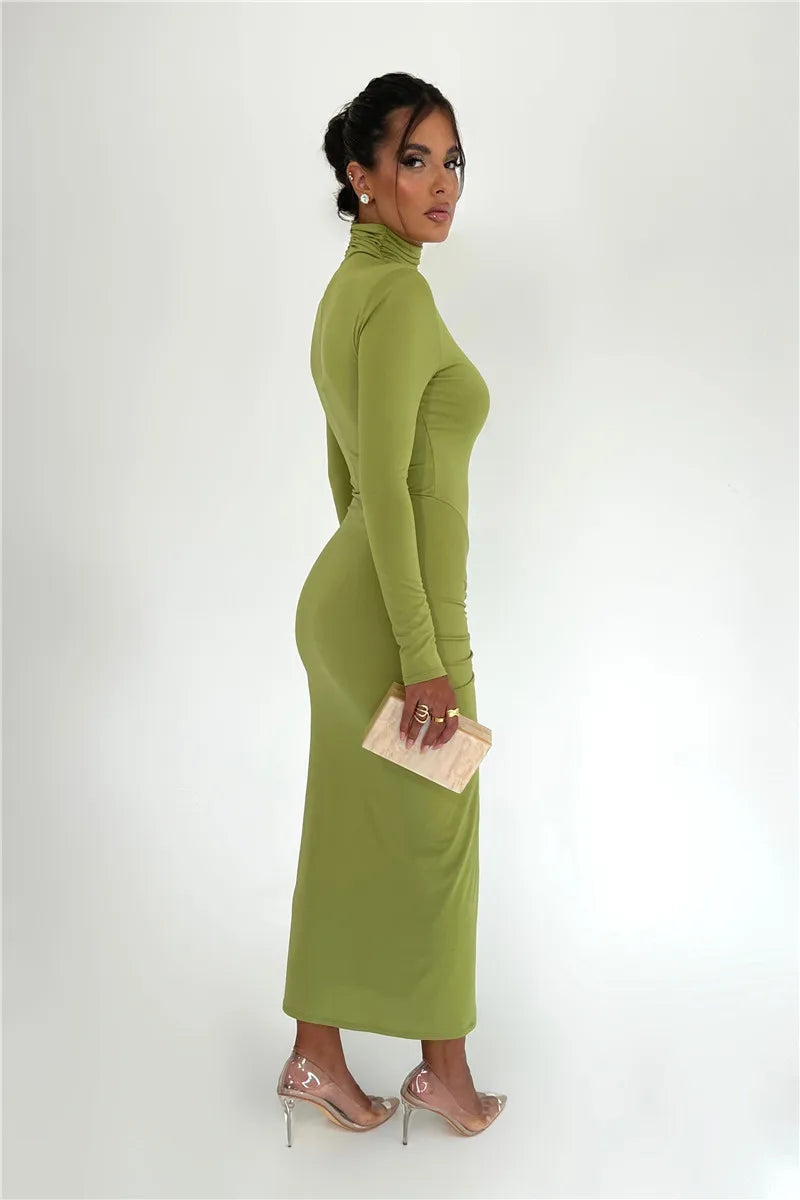 Elegant Turtleneck Long Sleeve Bodycon Maxi Dress Women Autumn Winter New Ruched Club Party Sexy Dress Vestidos