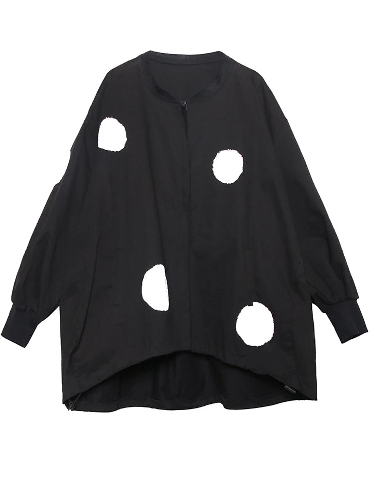 Black Dot Big Size Irregular Jacket New Stand Collar Long Sleeve Women Coat Fashion Tide Spring Autumn 2025 1DH1212