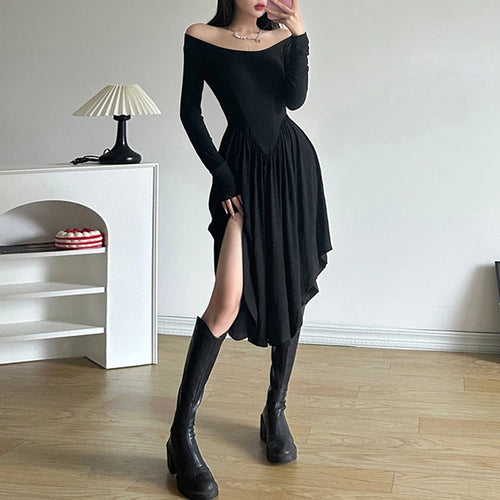 Load image into Gallery viewer, Asymmetrical Fashion Black Party Dress Female Folds Off Shoulder Solid Elegant Club Autumn Dress Midi Pleated Clothes
