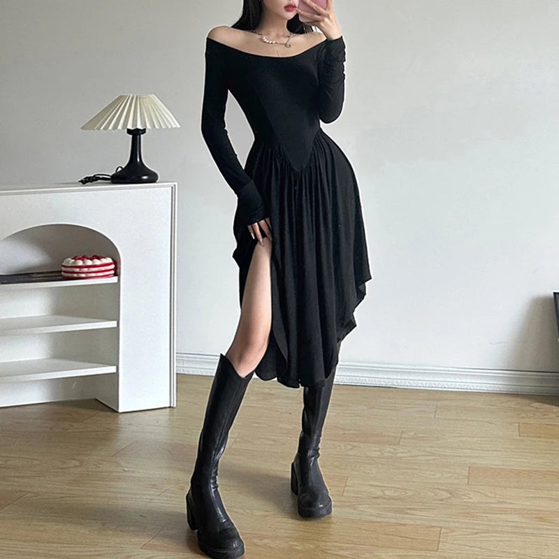 Asymmetrical Fashion Black Party Dress Female Folds Off Shoulder Solid Elegant Club Autumn Dress Midi Pleated Clothes