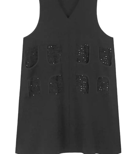 Women Black Sequins Spliced Big Size Midi Vest Dress New V-Neck Sleeveless Fashion Tide Spring Autumn 2025 1DH9971