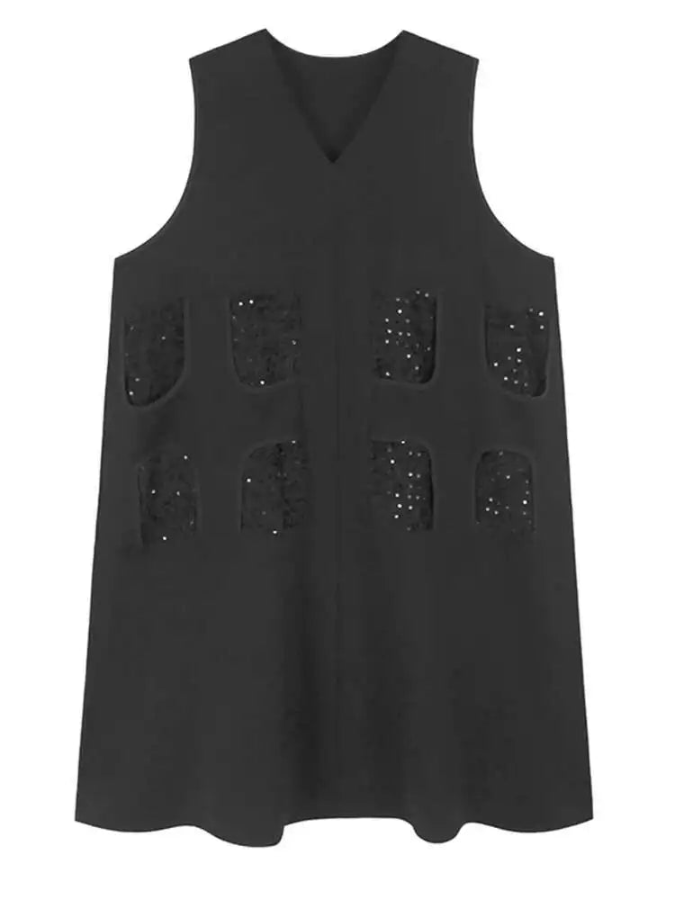 Women Black Sequins Spliced Big Size Midi Vest Dress New V-Neck Sleeveless Fashion Tide Spring Autumn 2025 1DH9971
