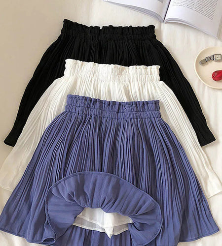 Women's Solid Chiffon Pleated Mini Skirt Elastic Waist Casual Beach Fashion Korean 2025 Summer Shorts Skirt