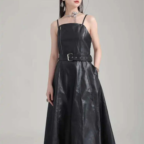 Load image into Gallery viewer, Women Black Pu Leather Belted Long A-line Dress New V-Neck Sleeveless Loose Fit Fashion Tide Spring Autumn 2025 1DH2000
