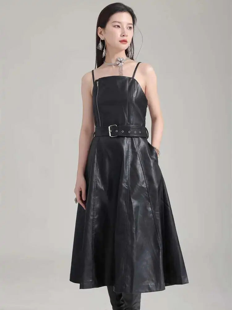 Women Black Pu Leather Belted Long A-line Dress New V-Neck Sleeveless Loose Fit Fashion Tide Spring Autumn 2025 1DH2000