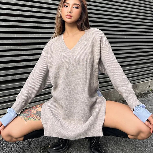 Load image into Gallery viewer, Patchwork Colorblock Sweater For Women V Neck Long Sleeve Loose Straight Knitting Pullover Female Fashion Clothing
