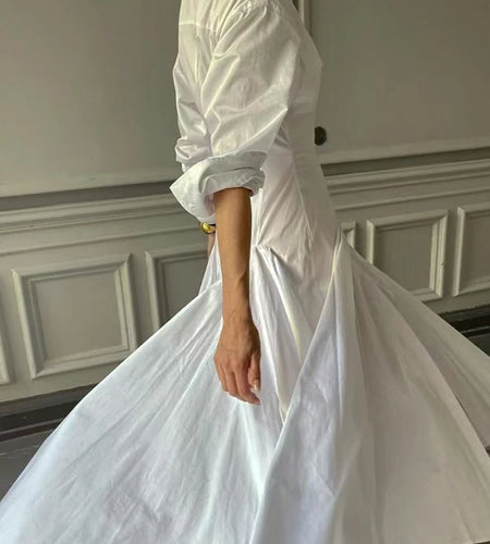 Solid Spliced Button Slimming Dresses For Women Lapel Long Sleeve High Waist Temperament Dress Female Fashion New