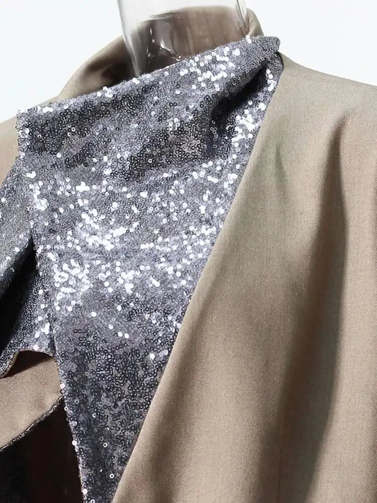 Women Khaki Sequins Spliced Irregular Big Size Blazer New Lapel Long Sleeve Jacket Fashion Tide Spring Autumn 2025 7AB8210