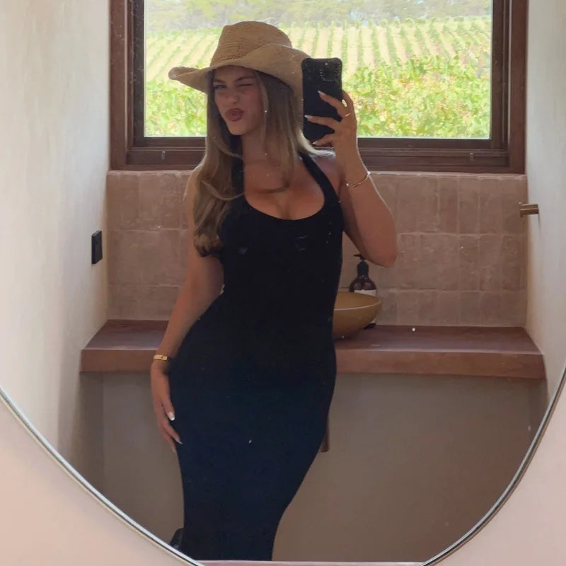 Halter Backless Sexy Maxi Dress Women Gown Summer New Solid U Neck Sleeveless High Waist Long Dress Elegant 2025