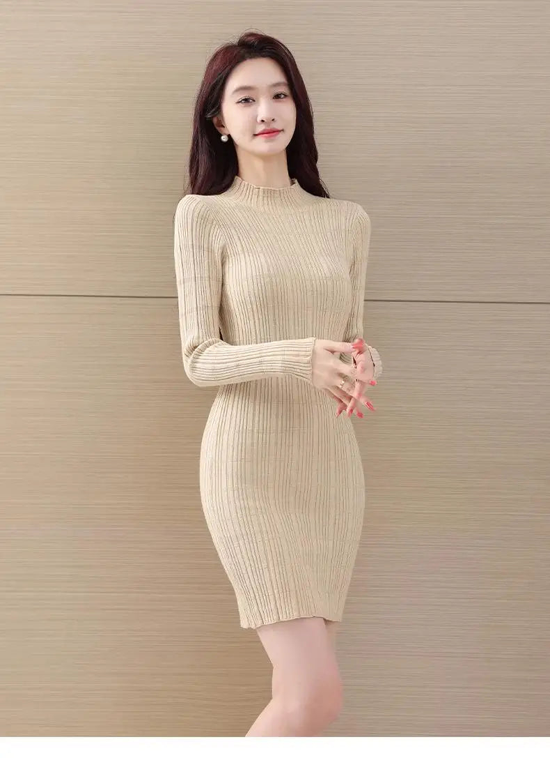 Female Elegant Solid Knitted Short Dress Fashion Half High Neck Long Sleeve Mini Dresses 2023 Autumn Winter Women Party Club New