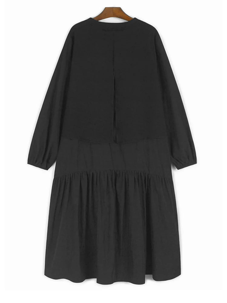 Women Black False Two Ruffles Hem Big Size Midi Dress New Round Neck Long Sleeve Fashion Tide Spring Autumn 2025 1DH9654