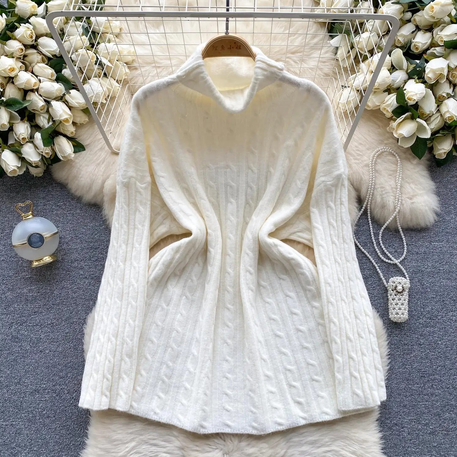 Autumn Winter Women's Solid Elegant High-neck Knitting Sweater Female Loose Thick Warm Long Sleeves Simple Crochet Pullover Tops