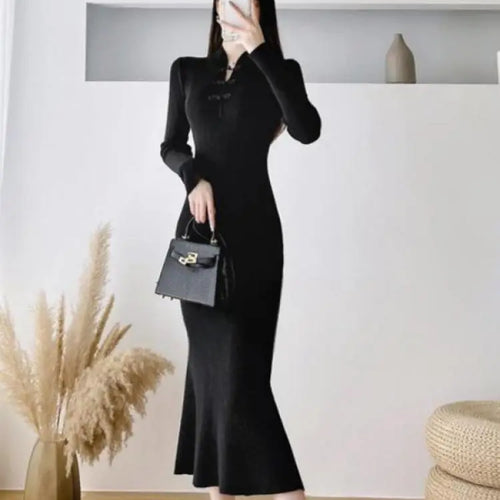 Load image into Gallery viewer, Autumn Winter Chinese Style Women's Solid Bottom Long Sleeved Dress Retro Hollow Out Wrap Hip Knitwear Fishtail Dress 2024 Trend
