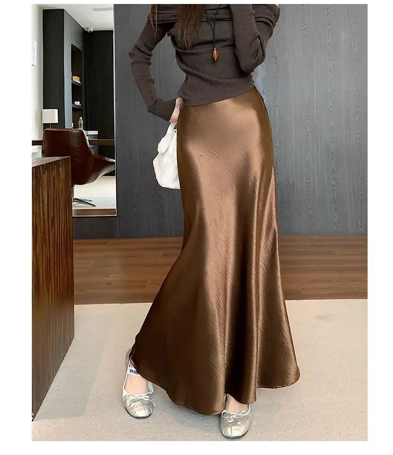 Korean Fashion Solid Elegant High Waist Wrap Hip Long Skirt 2025 Spring Summer Women Slim Vacation Pleated A-line Fishtail Skirt