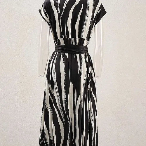 Load image into Gallery viewer, Women Beige Striped Printed Belted Elegant Midi Dress New V-Neck Sleeveless Fashion Tide Spring Summer 2025 CPG1504
