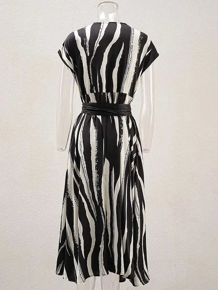 Women Beige Striped Printed Belted Elegant Midi Dress New V-Neck Sleeveless Fashion Tide Spring Summer 2025 CPG1504