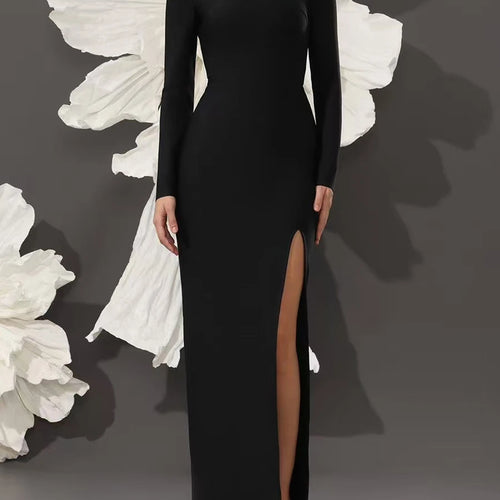 Load image into Gallery viewer, Solid Spliced Diamonds Slimming Dresses For Women O Neck Long Sleeve High Waist Temperament Split Dress Female New
