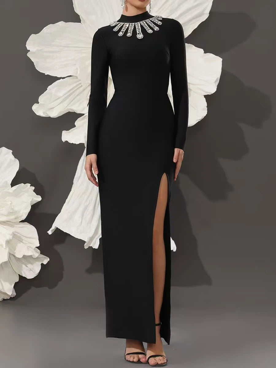 Solid Spliced Diamonds Slimming Dresses For Women O Neck Long Sleeve High Waist Temperament Split Dress Female New