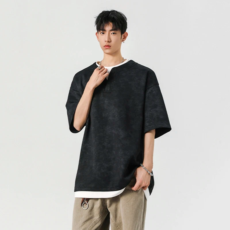 Men's T-shirt Short Sleeve New Summer Tie Dye Design V-neck Fake Two-pieces Sylish Solid Color Trendy Male Clothing 9W1934