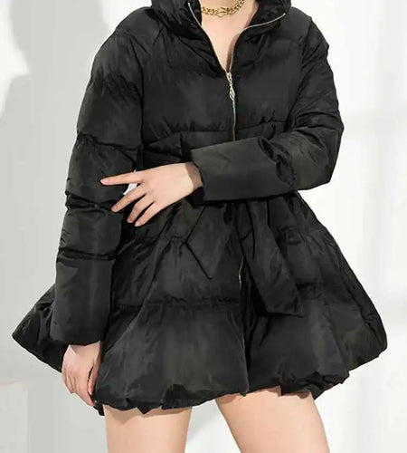 Black Bandage Bow  Cotton-padded Coat Long Sleeve Loose Fit Women Parkas Fashion Tide New Autumn Winter 2025 1DH5282