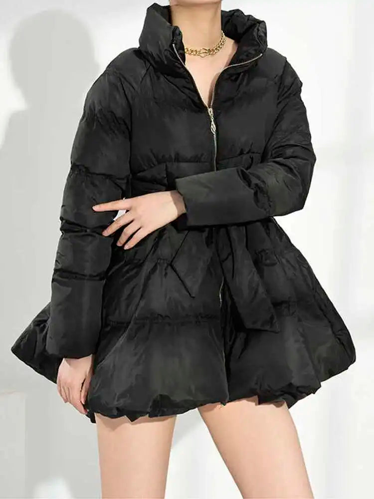 Black Bandage Bow  Cotton-padded Coat Long Sleeve Loose Fit Women Parkas Fashion Tide New Autumn Winter 2025 1DH5282