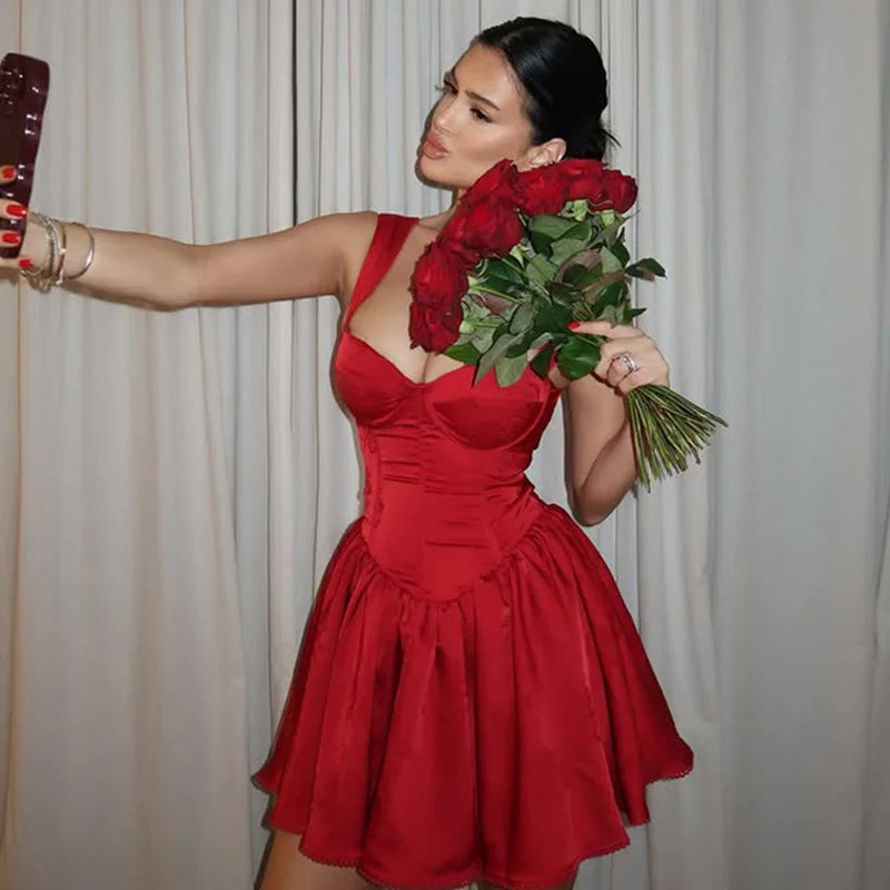 Red Backless Sexy Mini Dress Women Summer New Sleeveless Backless High Waist A-line Club Party Elegant Dress 2025