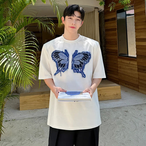 Load image into Gallery viewer, Korean Style Male T-shirts Loose Denim Butterfly Patchwork Tees Round Neck Short Sleeve Men&#39;s Tops Chic Summer 9C6371
