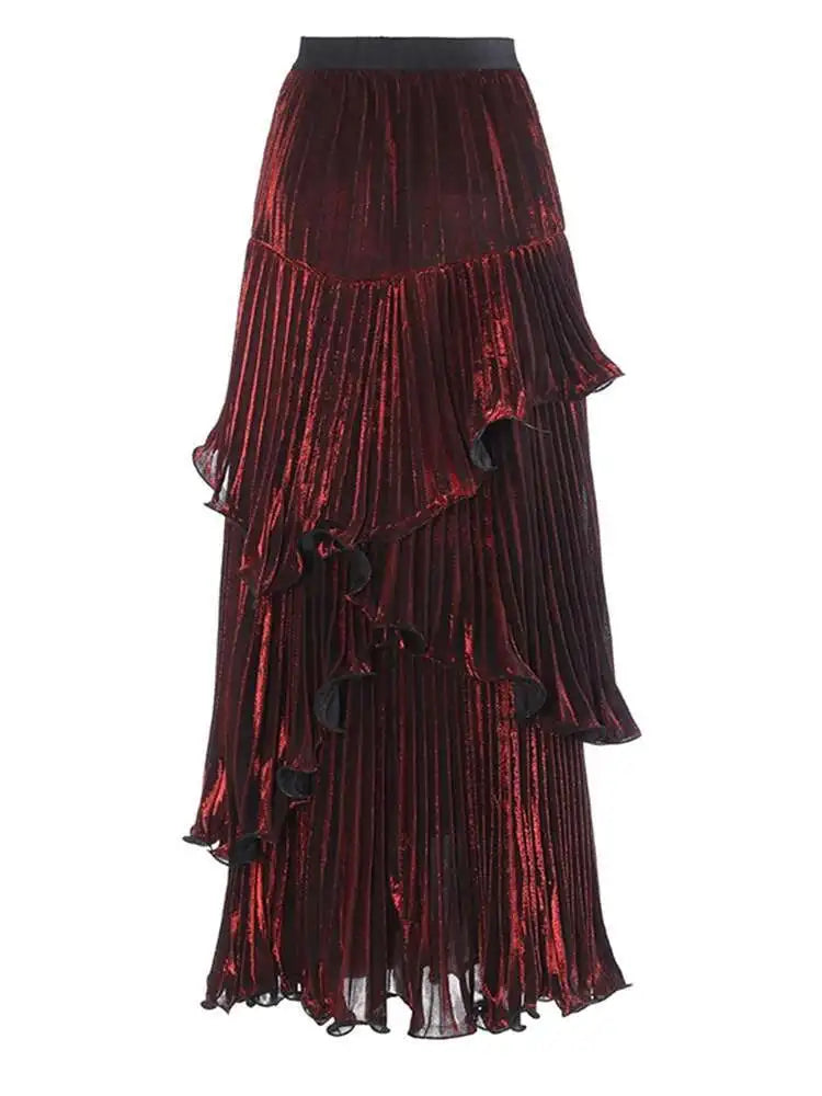 High Elastic Waist Red Pleated Ruffles Irregular Cake Half-body Skirt Women Fashion Tide New Spring Autumn 2025 1DH8130