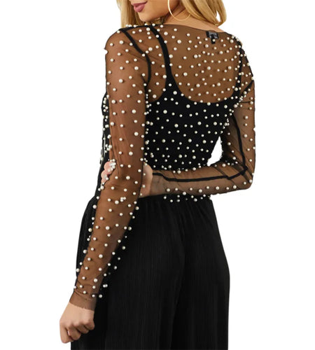 Sheer Mesh Top with Pearls Women y2k Clothing See Through Round Neck Long Sleeve T Shirt 2000s Clothes Party Clubwear