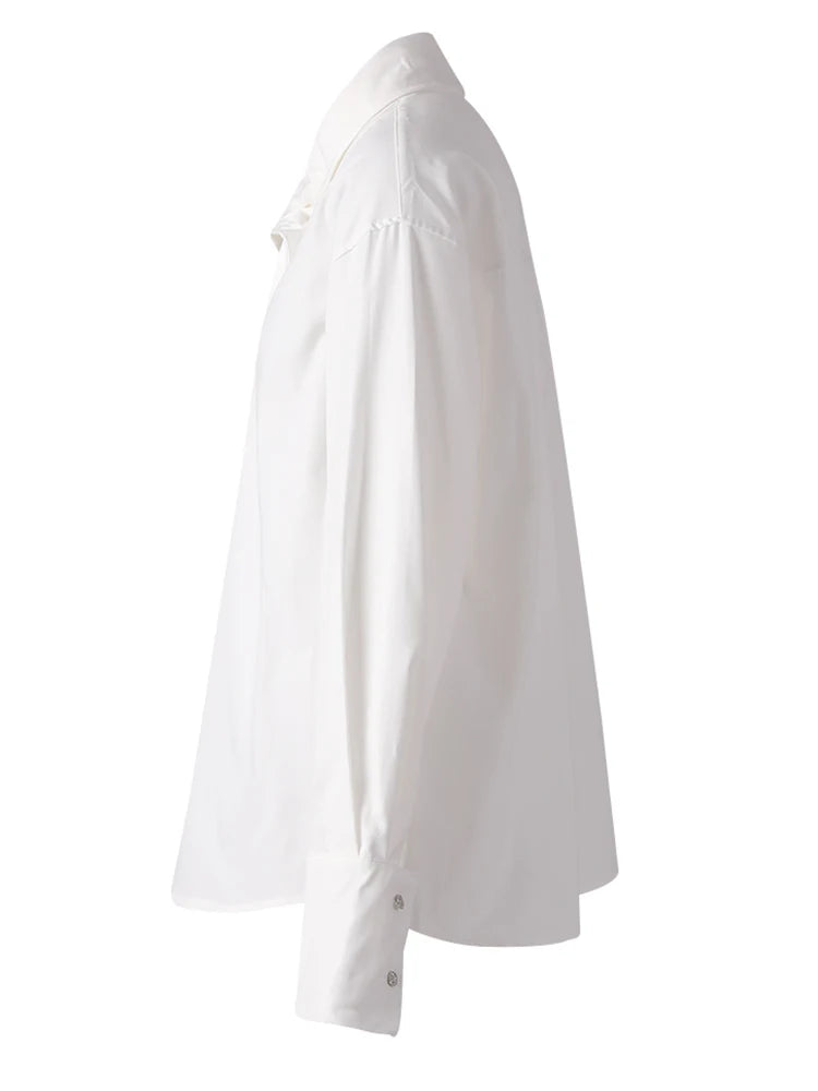 Women Blue Irregular Tie Big Size Elegant Blouse New Lapel Long Sleeve Shirt Fashion Tide Spring Autumn 2025 CPG3075