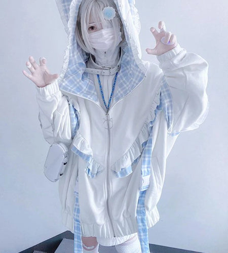 Y2k Aesthetic Lace Ruffle Plaid Hoodies Thick Y2k Jacket Women Kawaii Streetwear Harajuku Coats Casual Loose Grunge Kawaii Coats