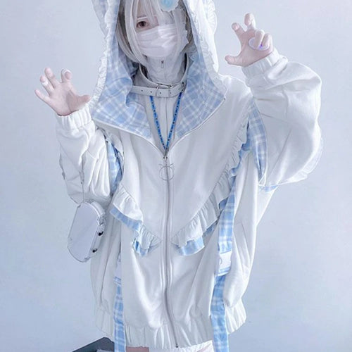 Load image into Gallery viewer, Y2k Aesthetic Lace Ruffle Plaid Hoodies Thick Y2k Jacket Women Kawaii Streetwear Harajuku Coats Casual Loose Grunge Kawaii Coats
