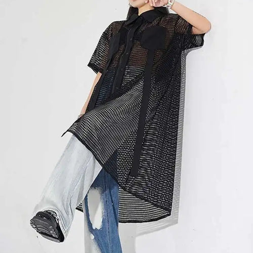 Load image into Gallery viewer, Women Black Mesh Perspective Midi Big Size Shirt Dress New Lapel Short Sleeve Fashion Tide Spring Summer 2025 1DH4934
