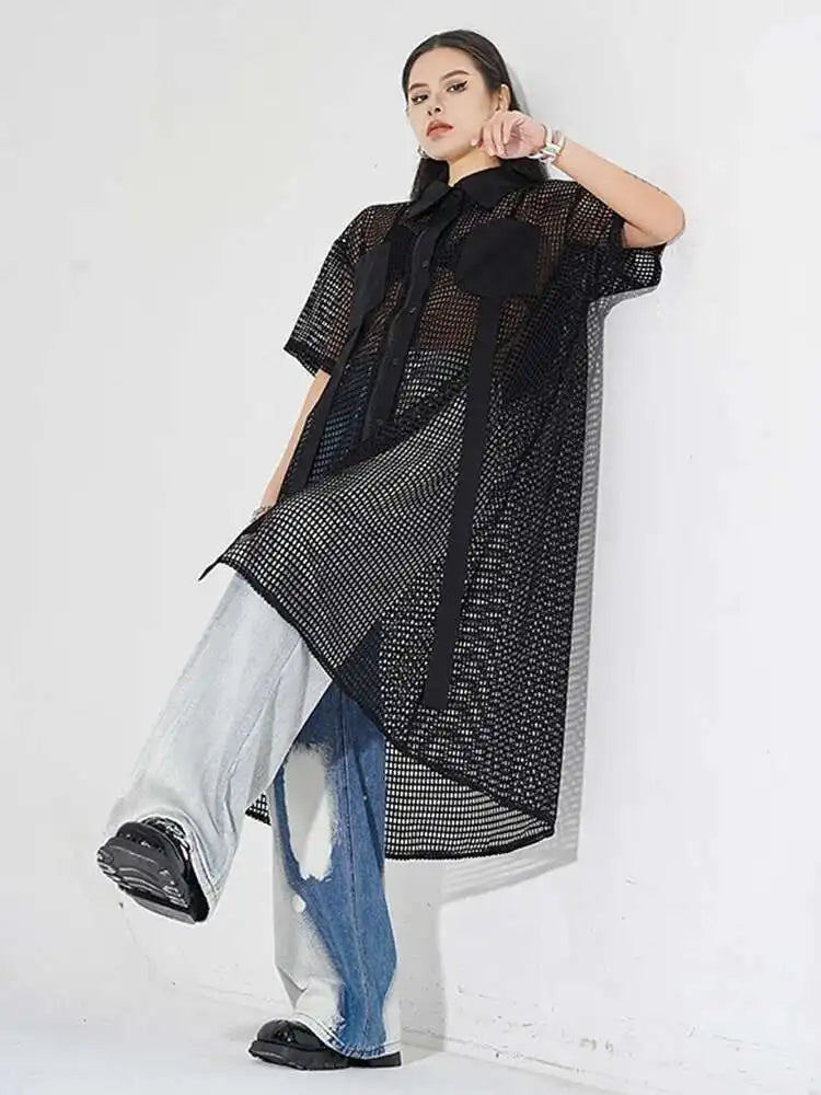 Women Black Mesh Perspective Midi Big Size Shirt Dress New Lapel Short Sleeve Fashion Tide Spring Summer 2025 1DH4934