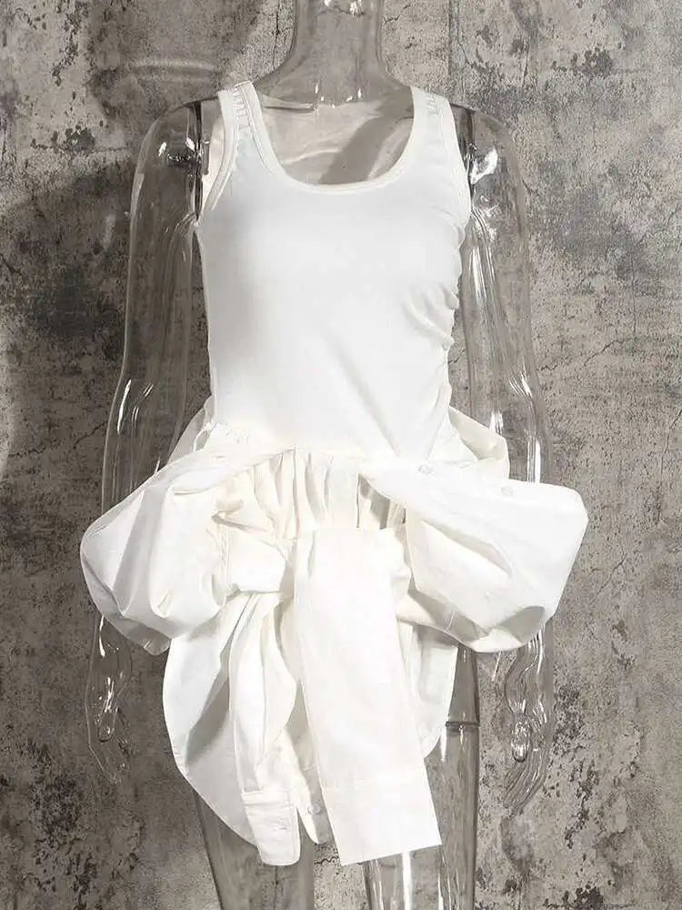 Women White Irregular Knot Split Big Size  Dress New Lapel Long Sleeve Loose Fit Fashion Spring Summer 2025 1X3420